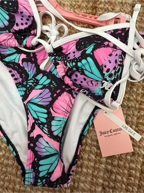 Juicy Couture Pink Teal Purple Butterfly Print Bikini Set